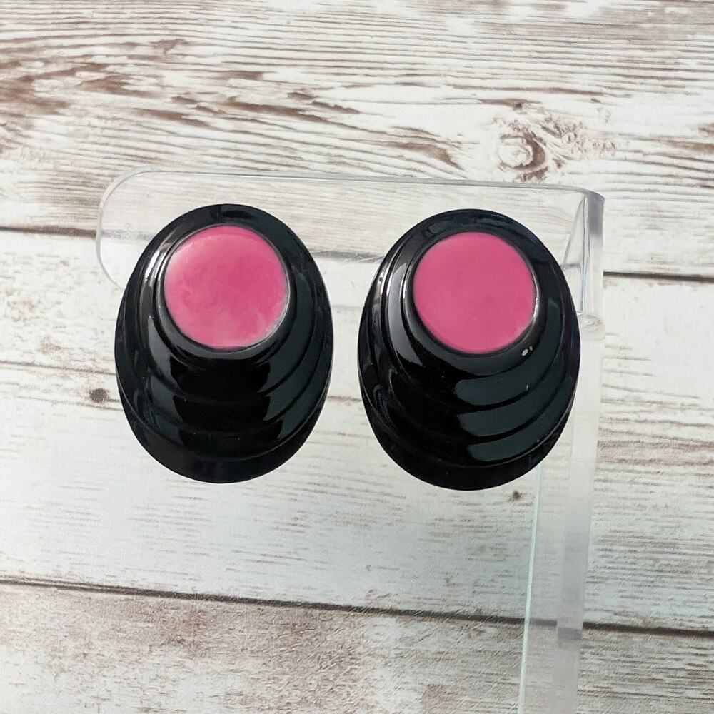 Vintage Clip On Earrings Dark Pink & Black Oval 1.25"